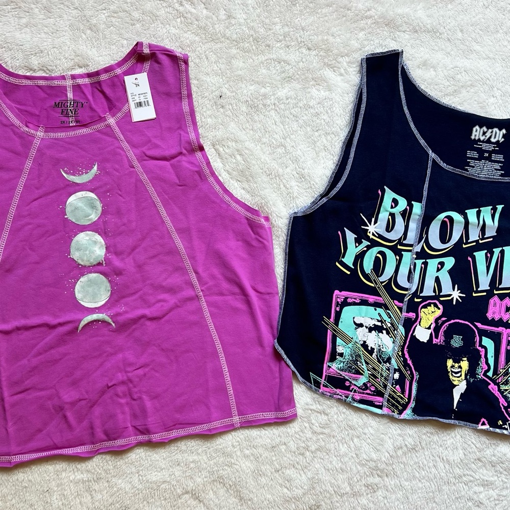 Set of 2 Crop Tank Tops-  Mighty Fine Purple Moon Phases and AC/DC